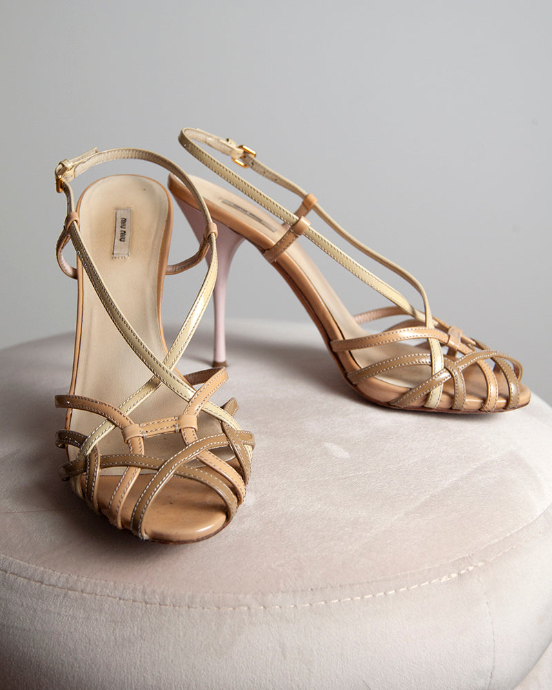 Some Things Never Fade designer vintage preloved Miu Miu nude patent leather strappy heels