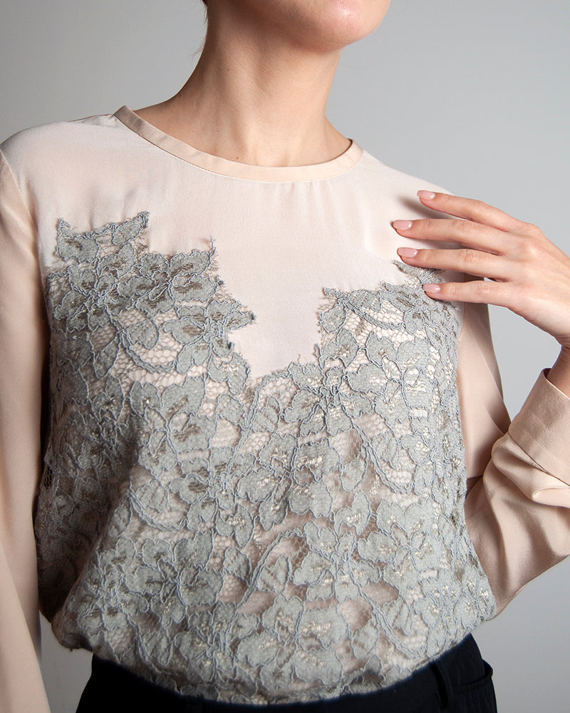 Some Things Never Fade designer vintage preloved Diane Von Furstenberg silk nude pink blouse grey lace panel