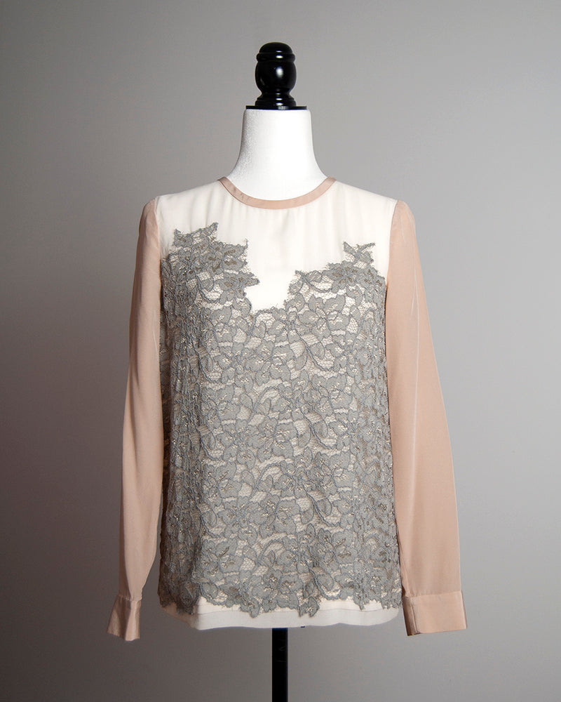 Some Things Never Fade designer vintage preloved Diane Von Furstenberg silk nude pink blouse grey lace panel