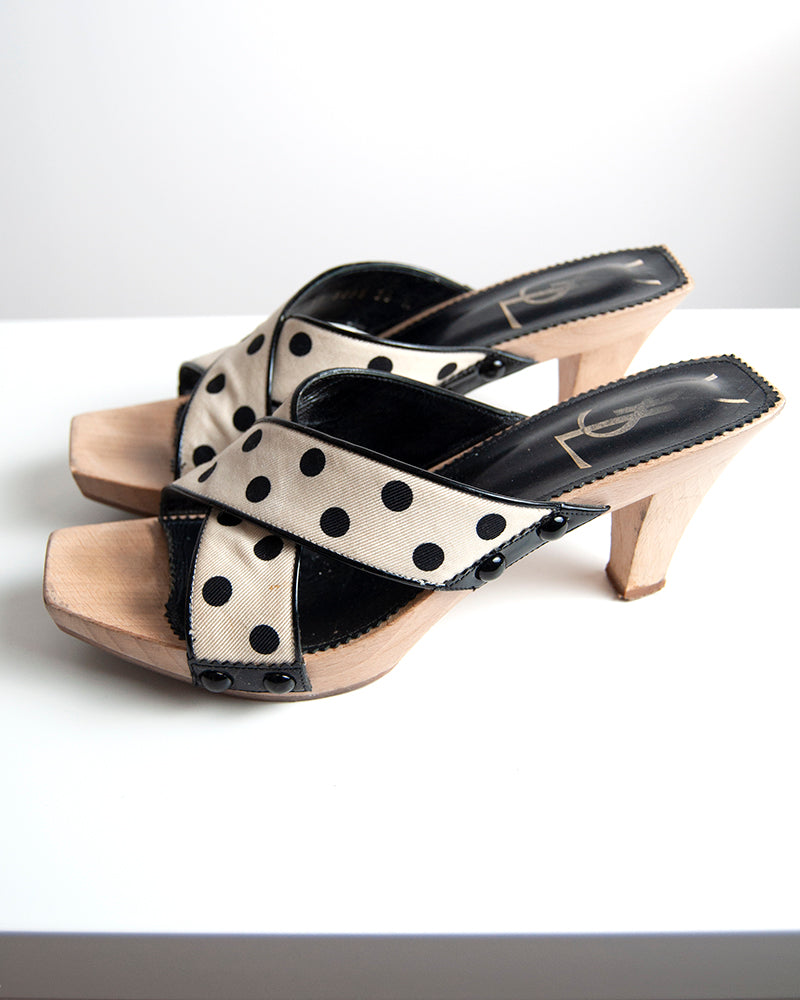 Some Things Never Fade designer vintage preloved ysl yves saint laurent lolita dot polka dot wooden heel sandals pinup style retro 50s